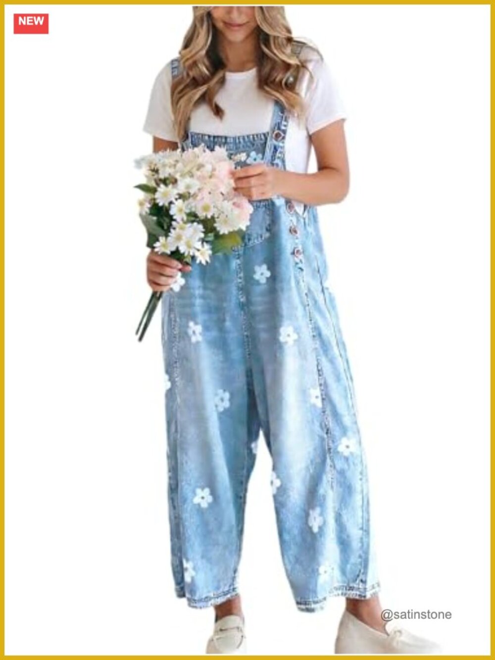 Womens Floral Denim Bib Overalls Adjustable Strap Wide Leg Baggy Jumpsuit